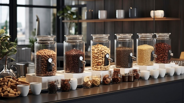 A photo of a stylish coffee bar with a variety of bean