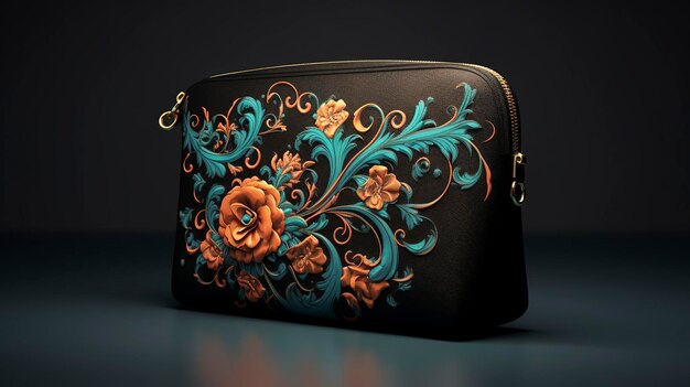 A photo of a stylish cosmetic bag with floral pattern