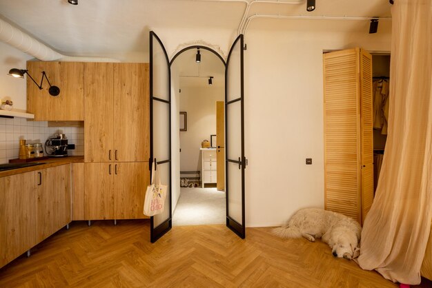 Photo of stylish interior made in wooden materials