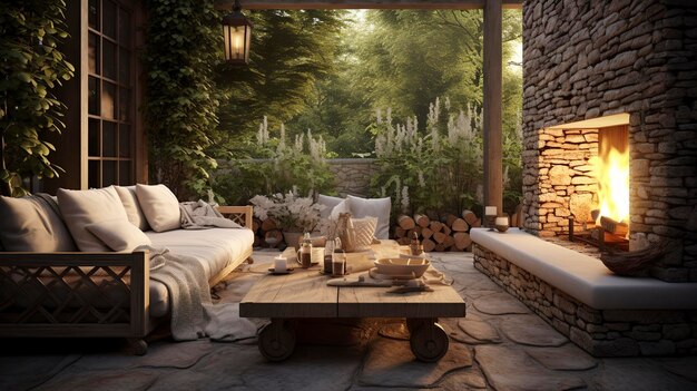 A photo of a stylish outdoor lounge area with a fireplace