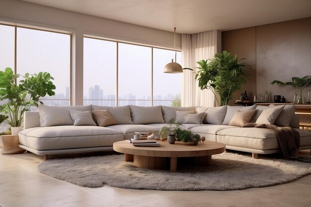 photo stylish scandinavian living room with design mint sofa furnitures mock up poster map plants and eleg