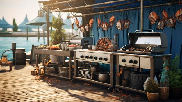 A photo of a stylish seafood grill with a maritime