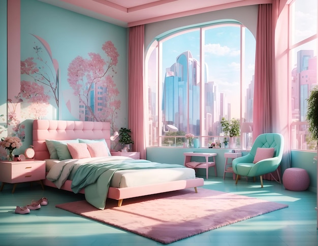 Photo of a stylish and vibrant bedroom with a pink and blue color scheme