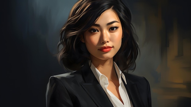 Photo of a stylish woman in a suit digitally painted with vibrant colors and intricate details