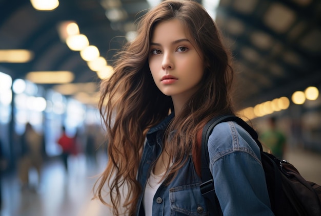 Photo of a stylish young woman carrying a backpack at a train station commuter lifestyle photo