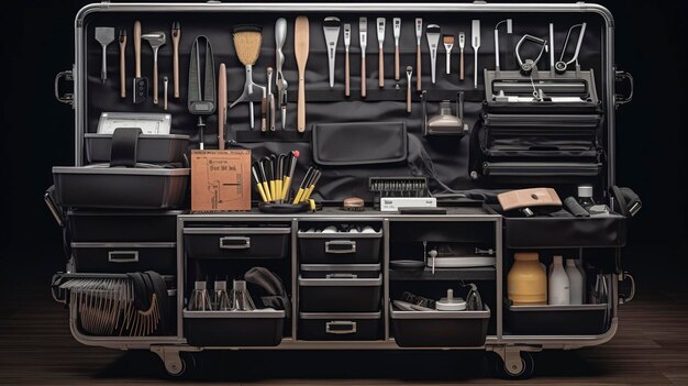 A photo of a stylists cart with organized hair cutting tools 1