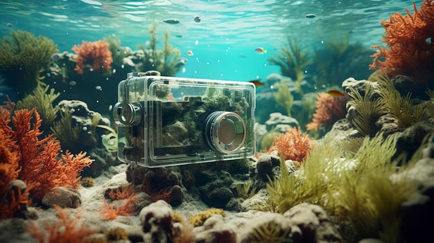 A photo of a submerged camera capturing coral reefs