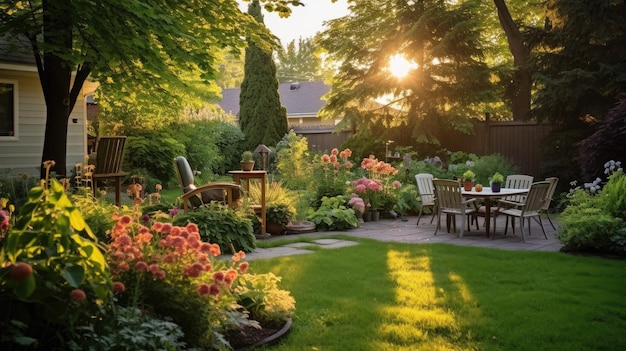 A photo of a suburban backyard with a flower garden warm afternoon light