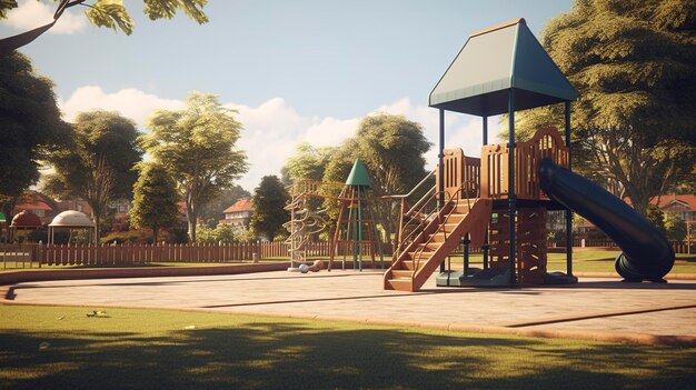 A photo of a suburban community park with playground