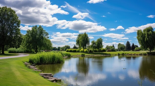 A photo of a suburban park with a pond cloudy sky