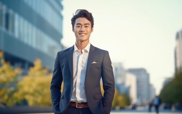 Photo of a successful asian businessman in an office suit on the street near a business center