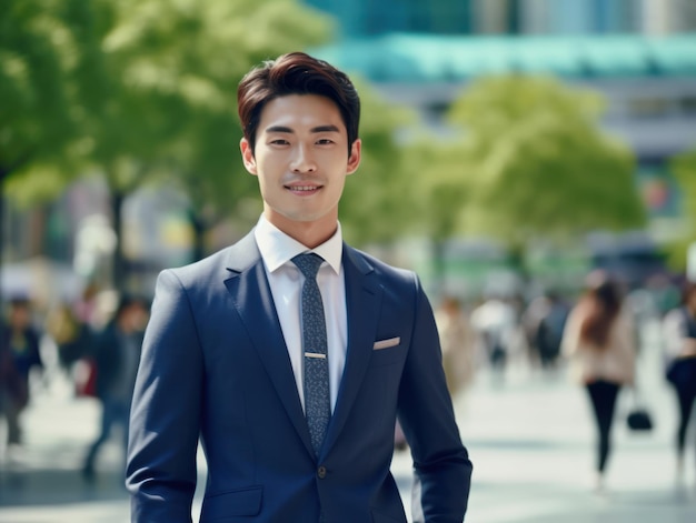 ビジネスセンター近くの路上でオフィススーツを着た成功したアジア系ビジネスマンの写真