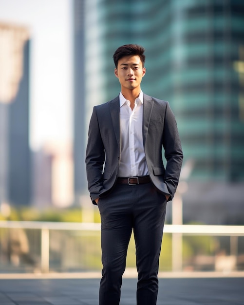 Photo of a successful Asian businessman in an office suit on the street near a business center