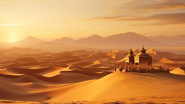 A photo of a Sufi dargah with desert dunes backdrop golden hour sunlight