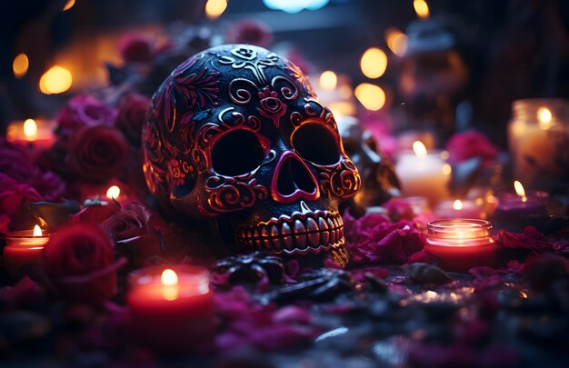 Foto maschera fotografica con teschio di zucchero con fiori che celebra il giorno dei morti e l'intelligenza artificiale generativa di halloween