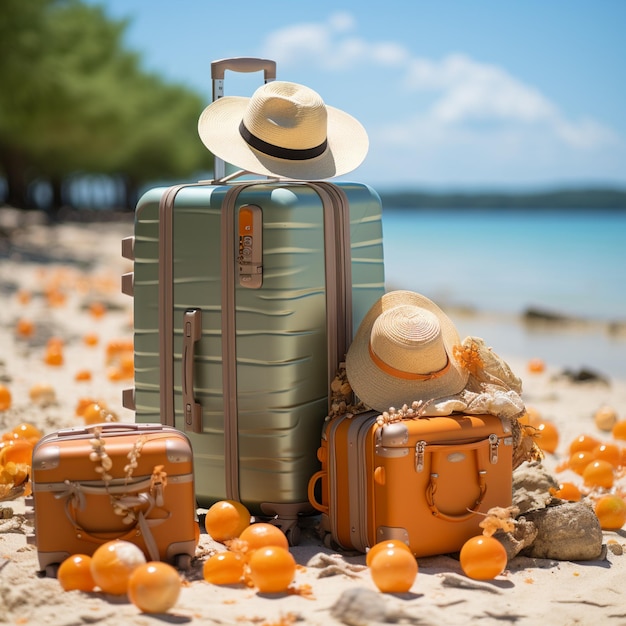 Photo photo summer travel with luggage bag hat and ball ai generated