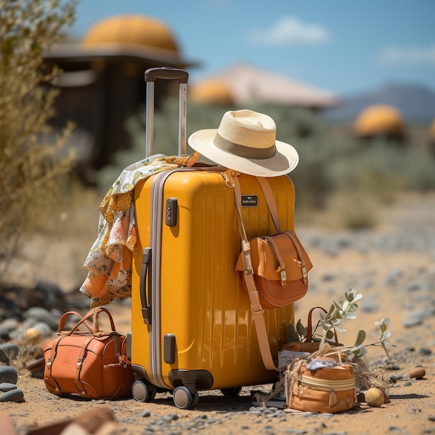 Photo photo summer travel with luggage bag hat and ball ai generated