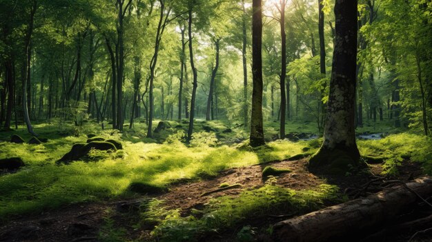 A photo of a sundappled glade in a forest filtered sunlight