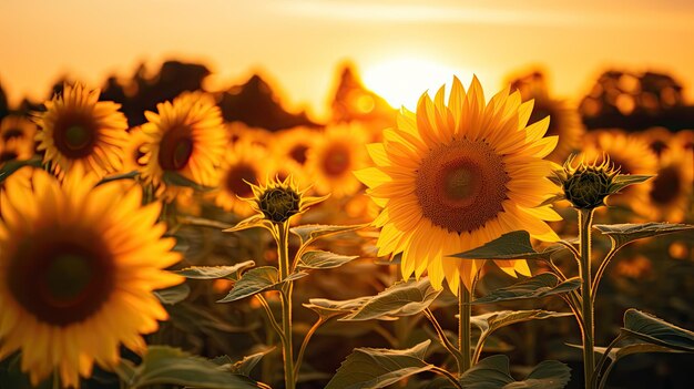 A photo of a sunflower field golden hour sunlight