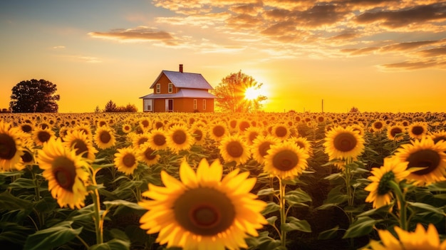 A photo of a sunflower field with a farmhouse in the background golden hour lighting