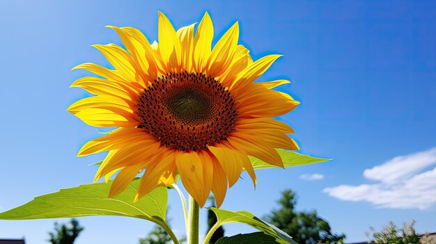 A photo of a sunflower with symmetrical petals blue sky backdrop