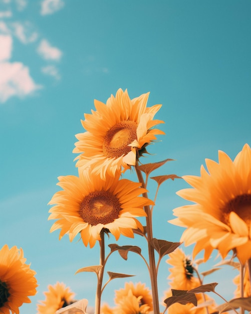 Photo of sunflowers against the blue sky