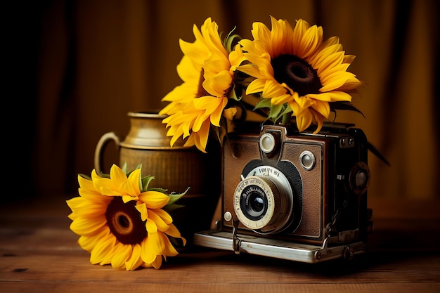 Photo of Sunflowers and a Vintage Camera