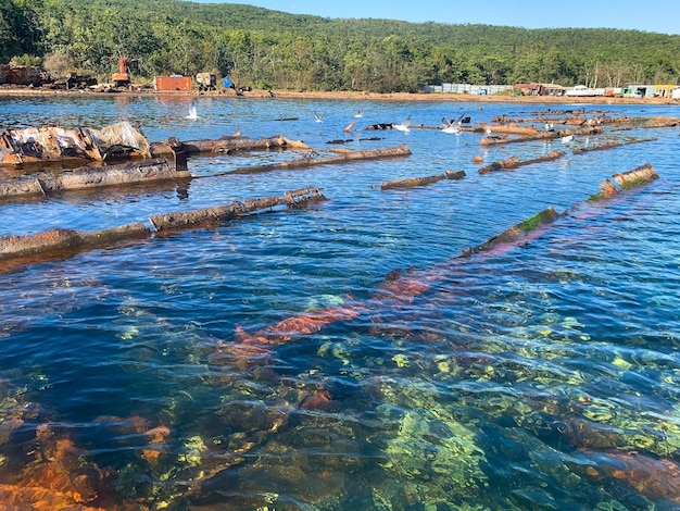 photo of a sunken ship across the water surface