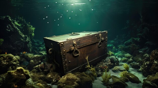 Photo a photo of a sunken treasure chest covered in barnacles murky water