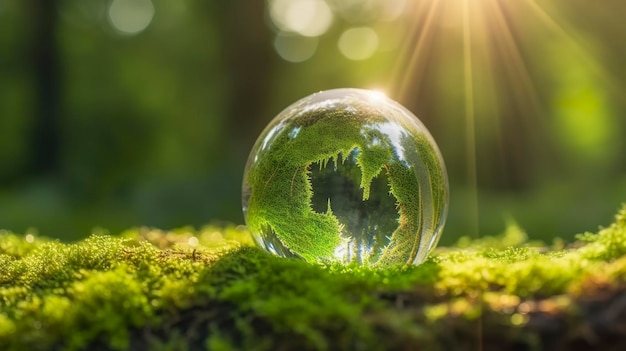 Photo sunlight with earth sphere crystal or sustainable globe glass on green moss nature background in ecology environment forest concept of tree conservation environmental planet eco generat ai