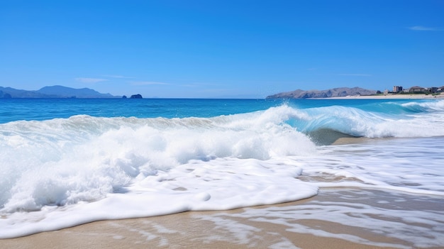 A photo of a sunlit beach with crashing waves clear blue sky backdrop