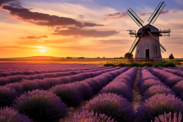 Photo of Sunlit lavender field with a rustic windmill