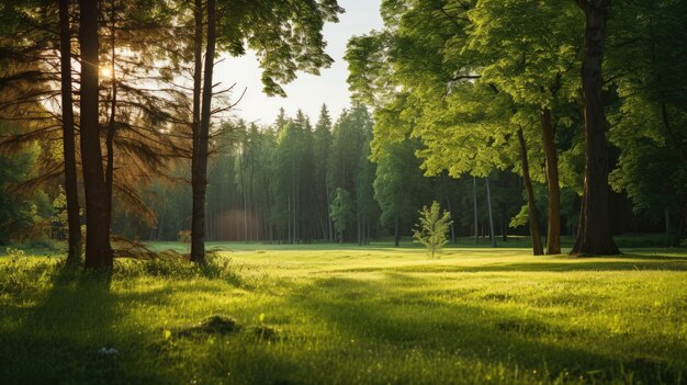 Photo a photo of a sunlit meadow with a forest in the background bright sunlight