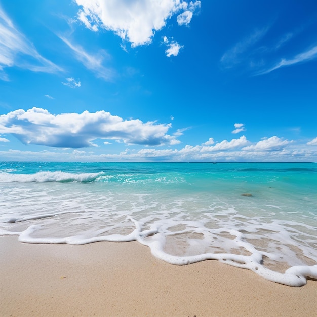 A photo of a sunny beach with a stunning blue sky in the background