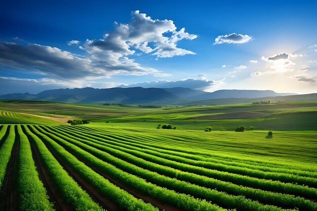 Photo photo of sunny farmland with rows of growing crops