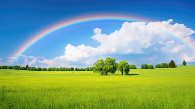 A photo of a sunny field with a rainbow clear skies