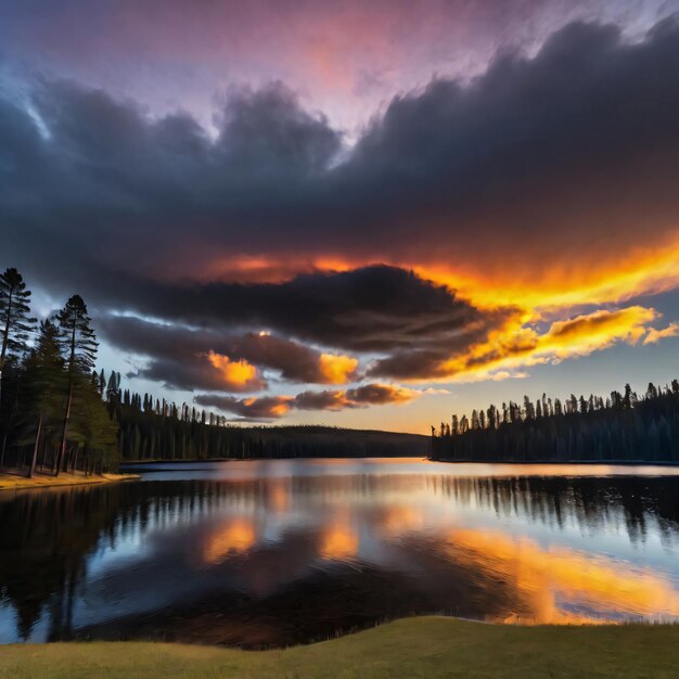 A photo of sunrise landscape of forest and lake with hills