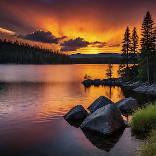 A photo of sunrise landscape of forest and lake with hills