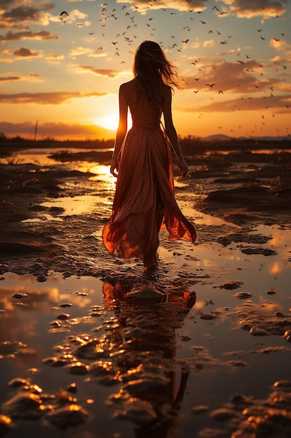 photo of sunset on the beach and lovers holding hands