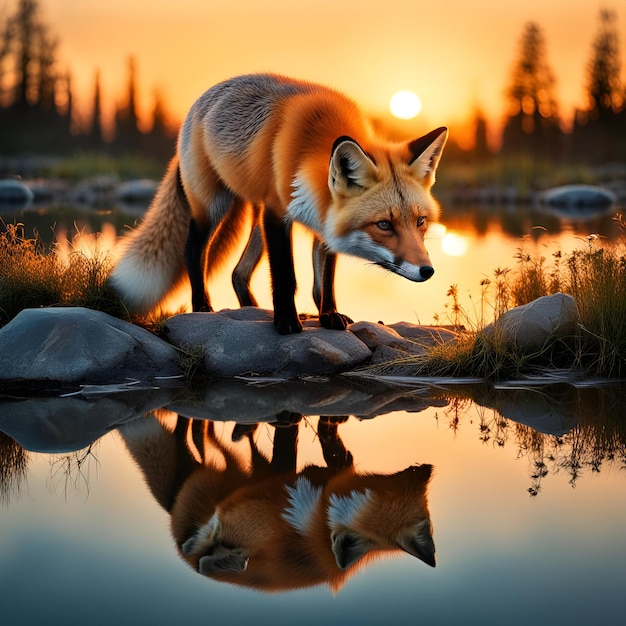 Photo photo of a sunset and a cute fox reflected on water