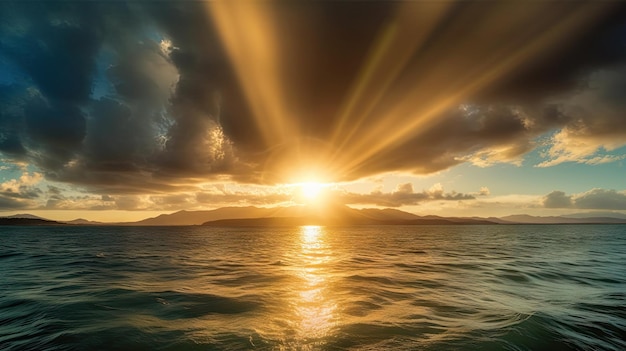 photo of sunset over the ocean with rays and clouds