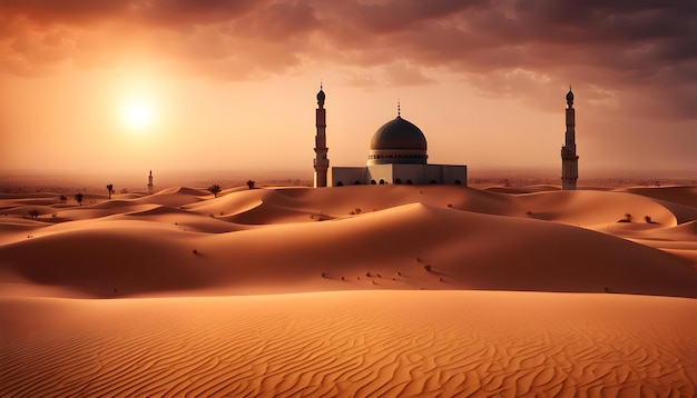 Фото Фото закат над пустыней с мусульманской мечетью на переднем плане