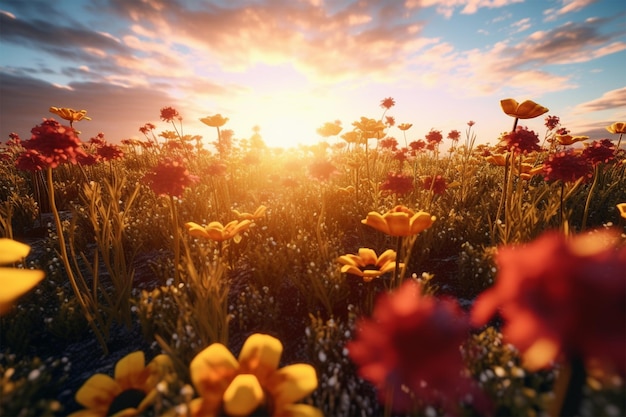 Photo a sunset with a field of flowers and a sunset