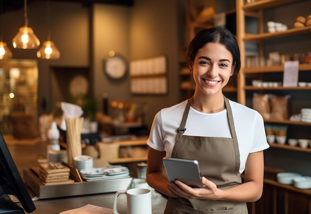 Photo of supermarket female cute cashier with cute smile and helping to the customers