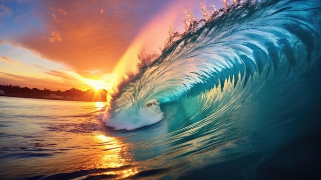 A photo of a surfer catching a wave at sunrise sunrise lighting