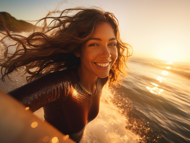 A photo of a surfer cute girl catching a wave at sunset