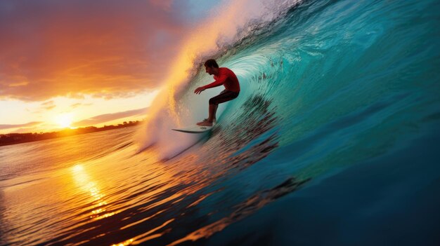 Photo a photo of a surfer riding a wave in the ocean sunrise lighting