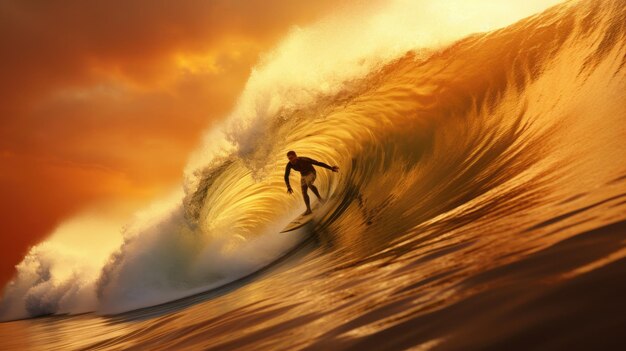 A photo of a surfer on a wave golden hour light