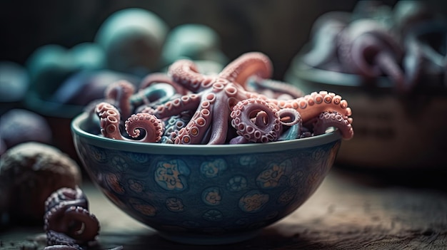 Photo A surreal and dreamlike of a bowl filled with octopus