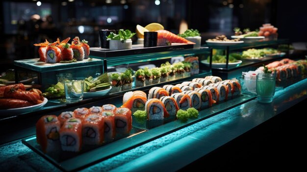 A photo of a sushi bar with a variety of fresh sushi rolls soft ambient lighting